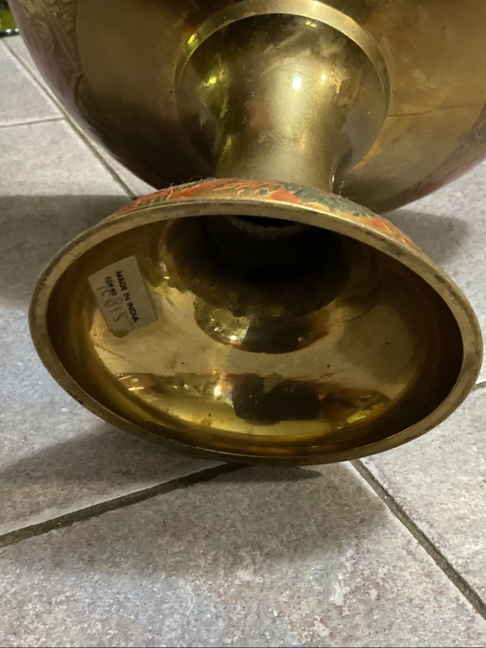 Decorative Brass Pedestal Bowl with Red and Green Enamel